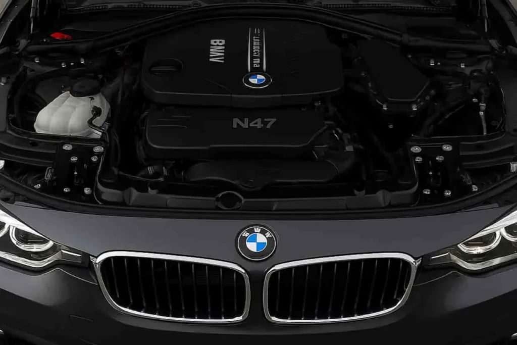 Vue frontale d’une BMW avec moteur N47 exposé : turbo diesel, fiabilité et élégance mécanique.