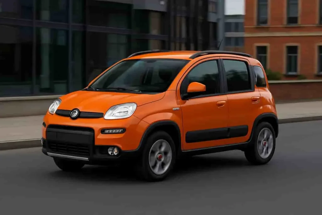 Fiat Panda 4x4 orange roule sur route urbaine, profil surélevé et look robuste, parfaite pour les aventuriers du quotidien.