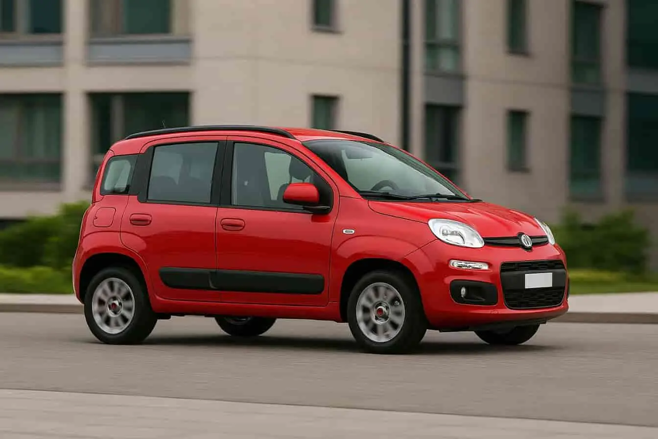 Fiat Panda 4x4 rouge en pleine ville, compacte et nerveuse, idéale pour les trajets urbains et les escapades.