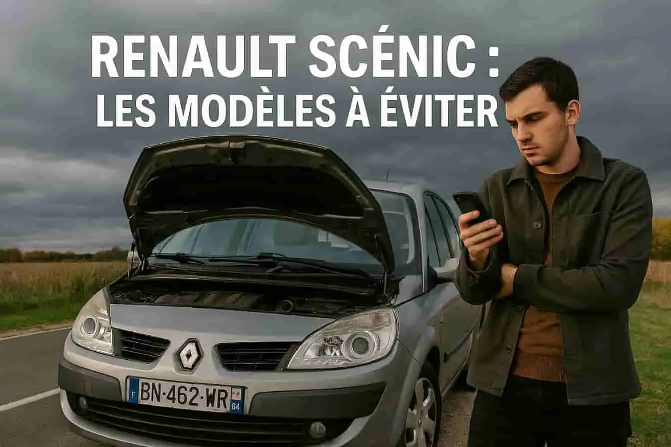 Renault Scénic Renault Scénic arrêté en bord de route, capot levé et conducteur en pleine recherche, symbole des soucis mécaniques récurrents.