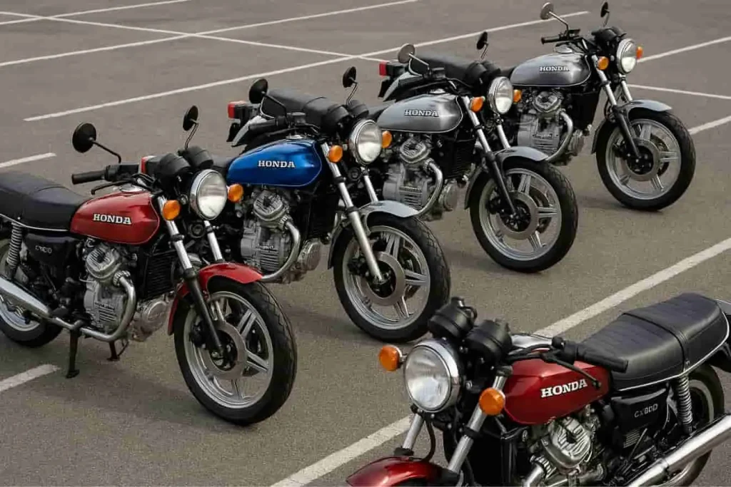 Honda 500 CX en rouge, bleu, gris, argent, bordeaux et bleu foncé stationnées sur un parking, style vintage et allure robuste.