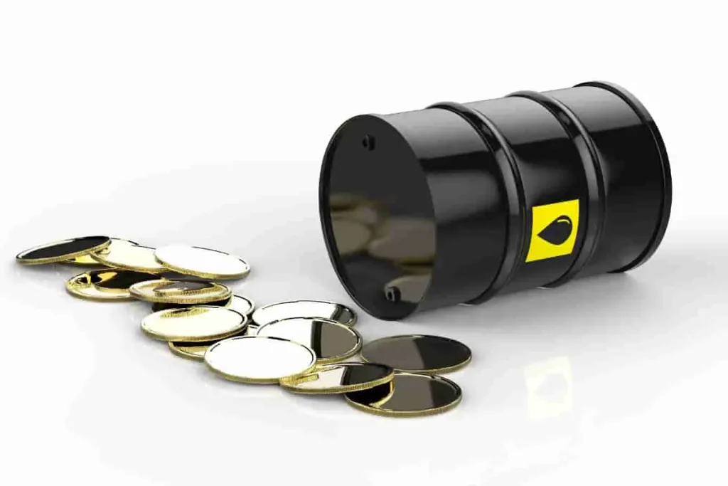 Baril de fioul renversé laissant échapper des pièces, image symbolique du prix du fioul et de ses enjeux économiques.