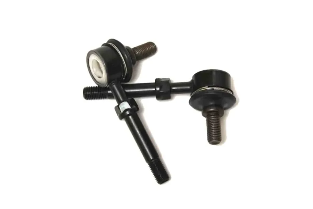 Biellette de barre stabilisatrice en métal, avec rotules articulées et extrémités filetées, conçue pour réduire le roulis en virage sur véhicule.