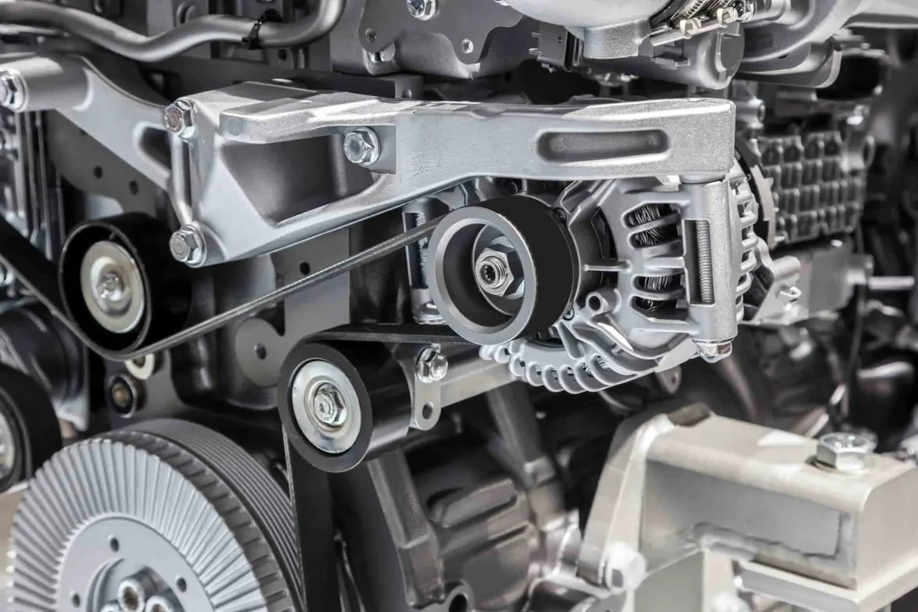 Courroie d’alternateur enroulée autour de la poulie de l’alternateur, moteur automobile avec pièces métalliques visibles.
