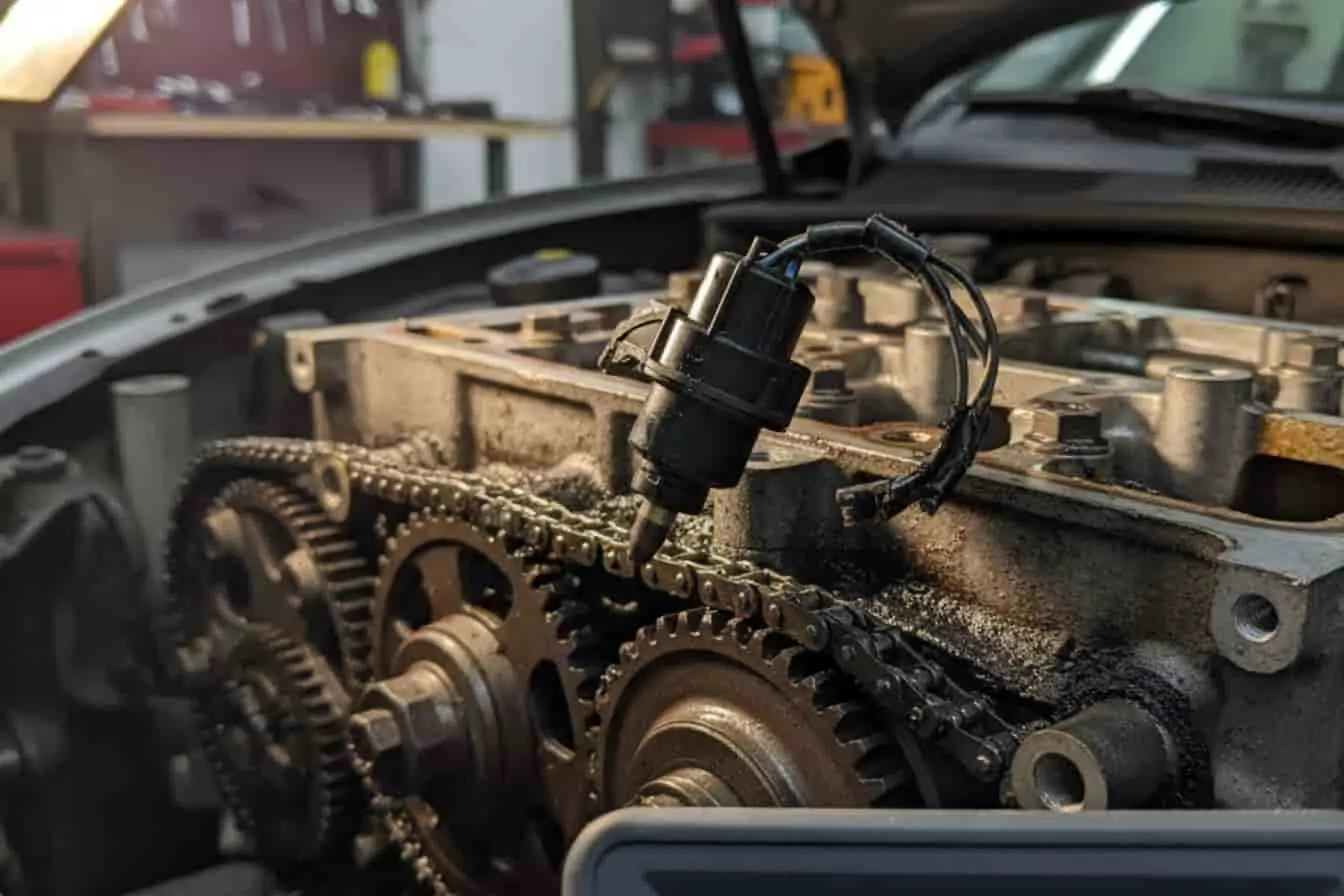 Vue moteur avec capteur d’arbre à cames visible, timing chain exposée, image évoquant une inspection liée à une défaillance du capteur