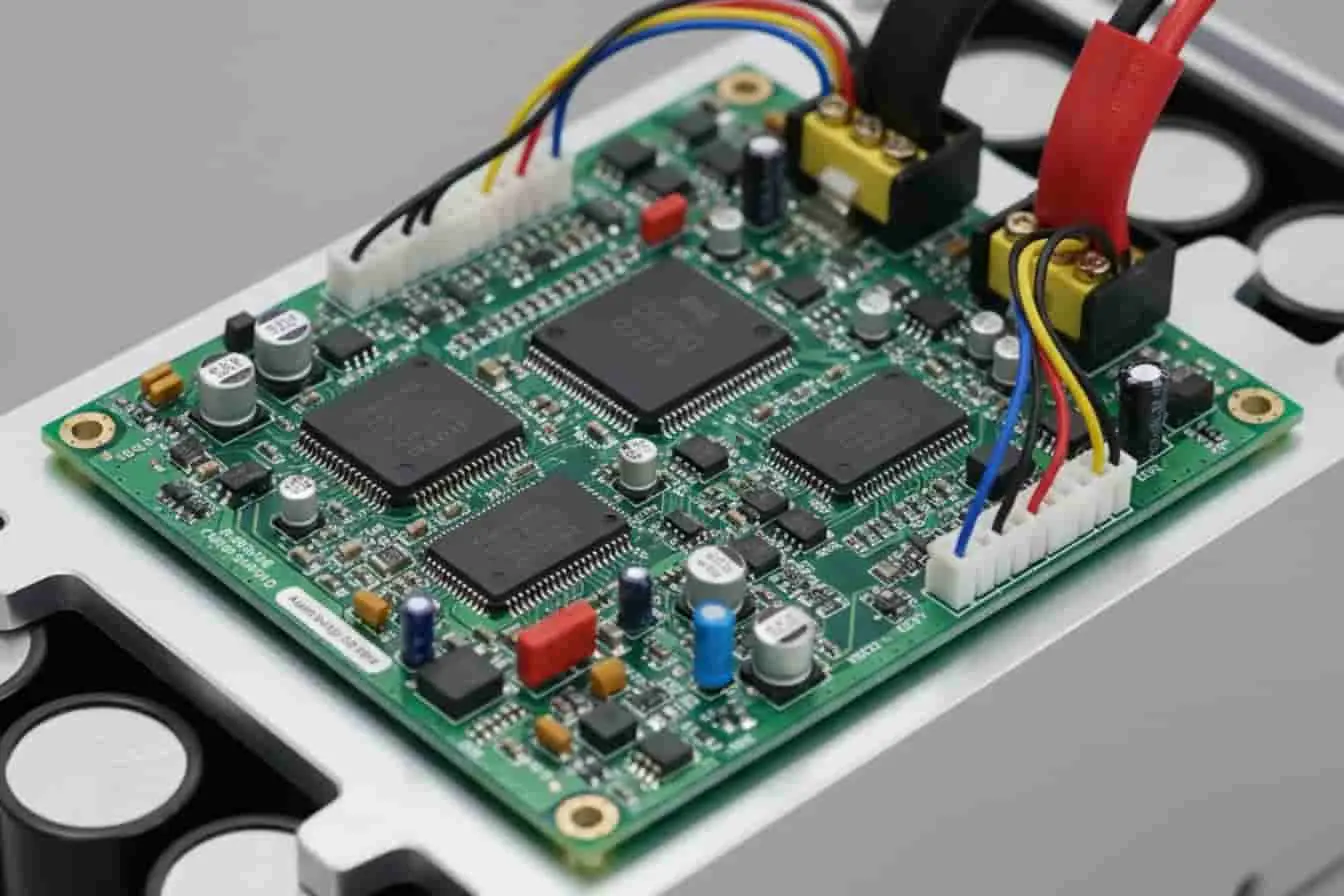 système BMS batterie Système BMS sur carte électronique avec capteurs et connecteurs, image qui reflète le contrôle de charge et décharge d’une batterie