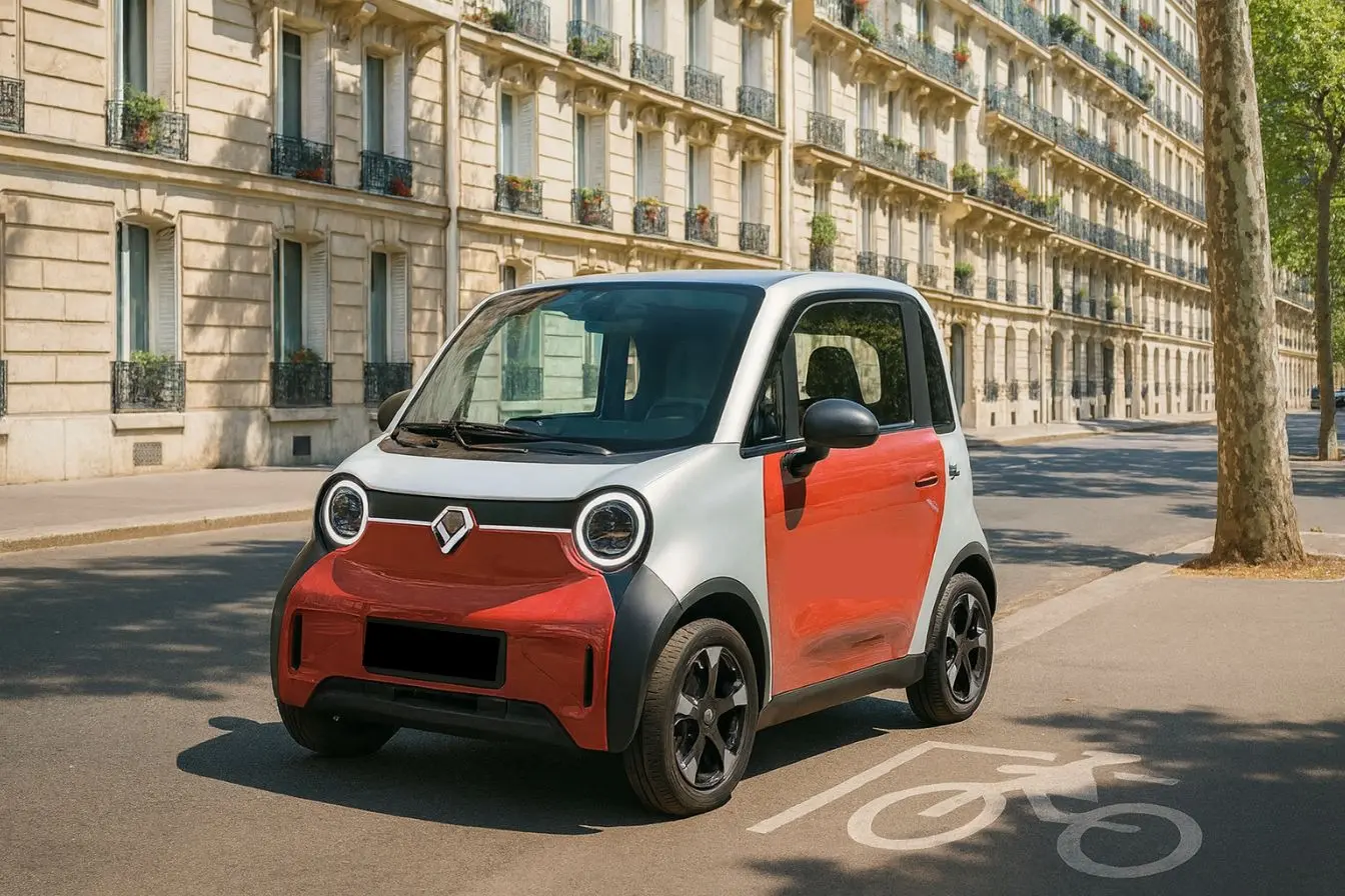 Mobilize Duo micro-citadine électrique Micro-citadine électrique Mobilize Duo garée sur piste cyclable, image d’un véhicule compact en ville