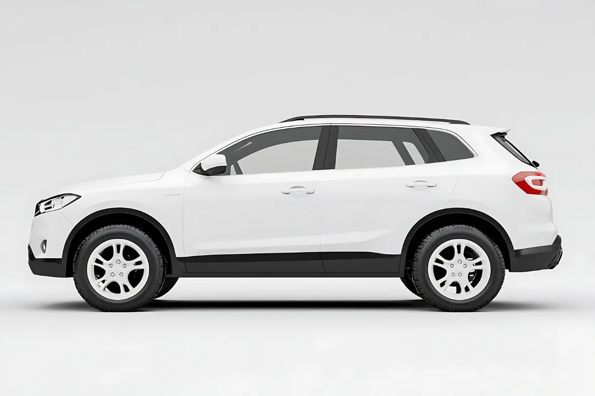 Tesla SUV SUV blanc au design épuré vu de profil sur fond neutre, image d’un modèle Tesla aux lignes modernes