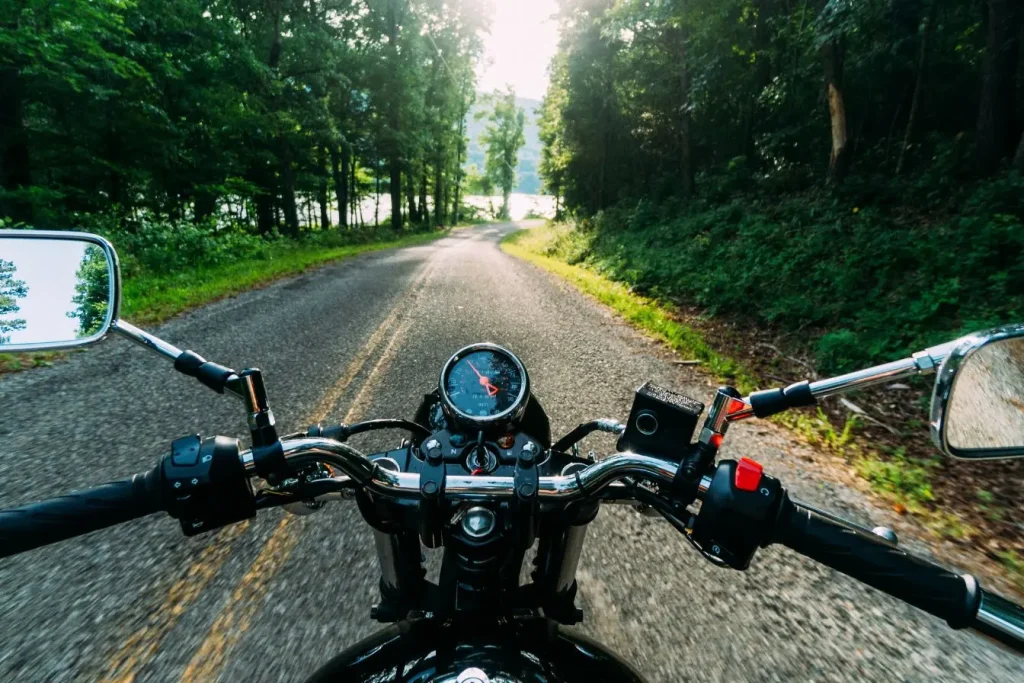 Guidon et compteurs visibles, route sinueuse bordée d’arbres, esprit de conduite Honda Hornet S 600