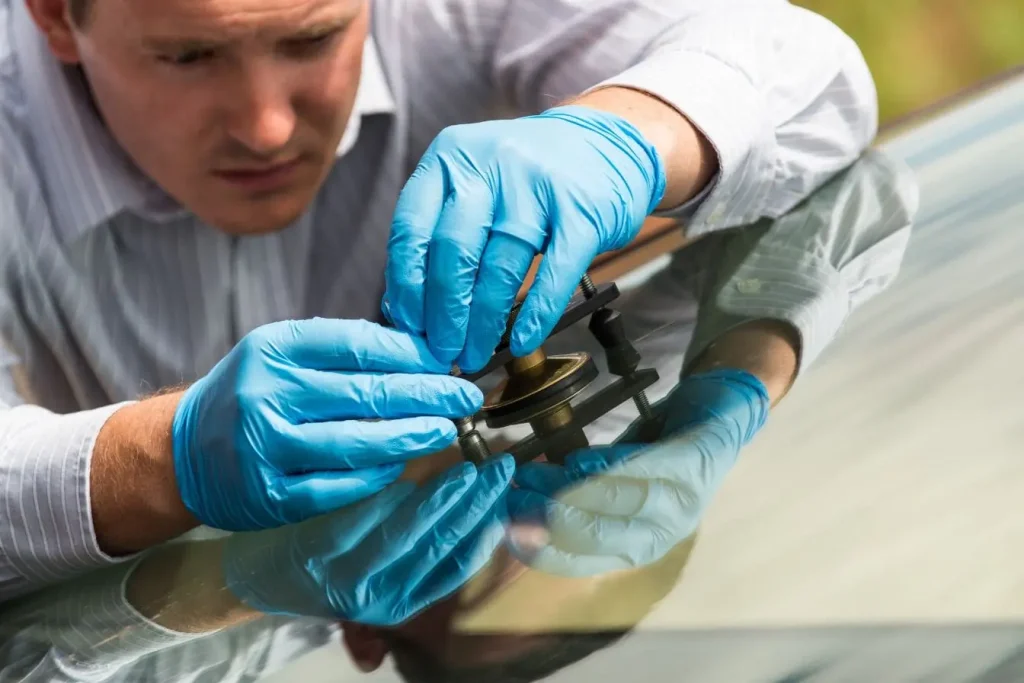 Mains gantées utilisant un outil injecteur sur fissure pare-brise, image typique d’une réparation d’impact.