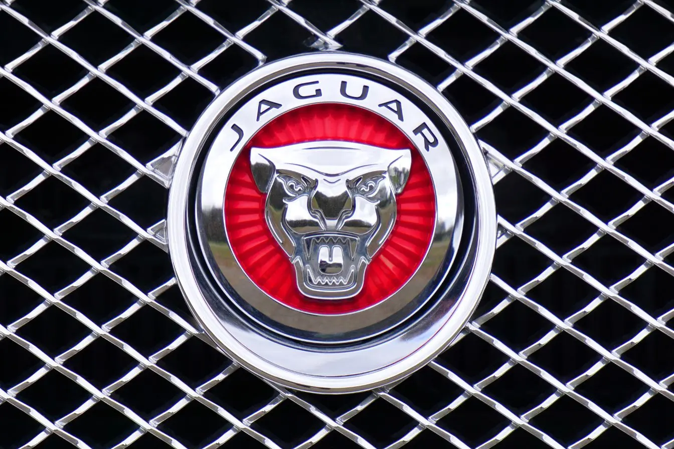 logo Jaguar Emblème circulaire rouge avec tête de jaguar chromée sur calandre en losange, image du nouveau logo Jaguar