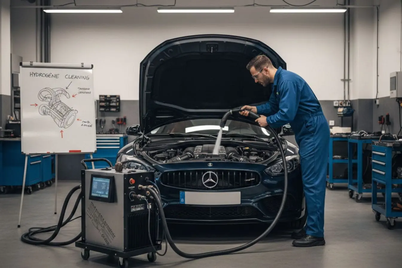décalaminage moteur Mécanicien effectuant un décalaminage moteur hydrogène sur Mercedes dans atelier équipé