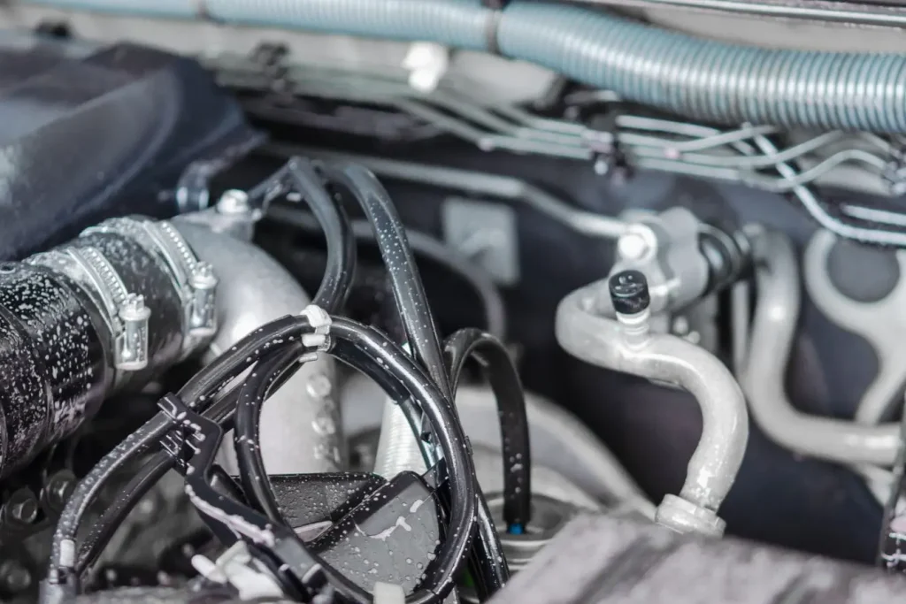 Vue rapprochée sur moteur humide avec durites et colliers illustrant une étape de décalaminage