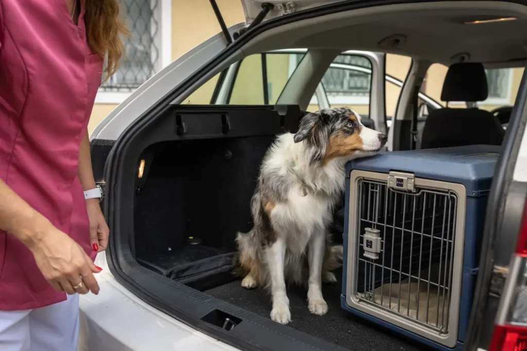 Animal assis dans le coffre près d’une caisse évoquant l’usage d’une grille de séparation pour chien en voiture