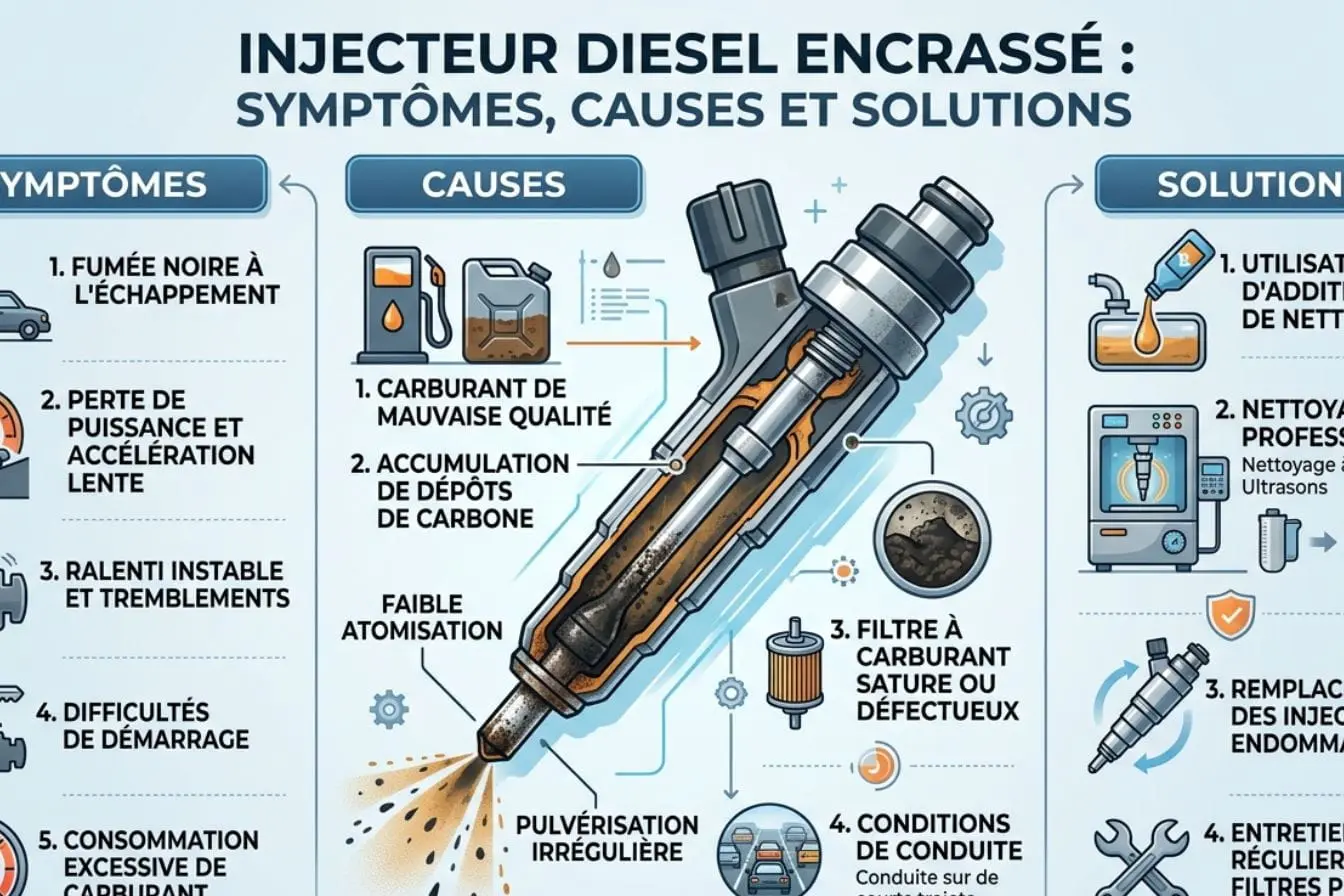 injecteur diesel Infographie mécanique montrant injecteur diesel en coupe détaillée, image illustrant les symptômes et solutions d’un injecteur encrassé.