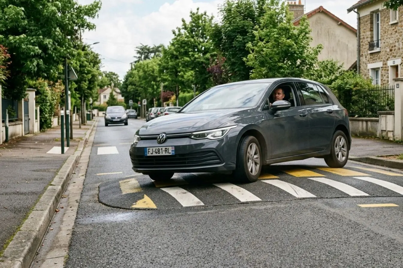 Voiture franchit dos d’âne Voiture grise franchit dos d’âne sur rue résidentielle, image illustrant les impacts possibles sur suspension et sécurité.